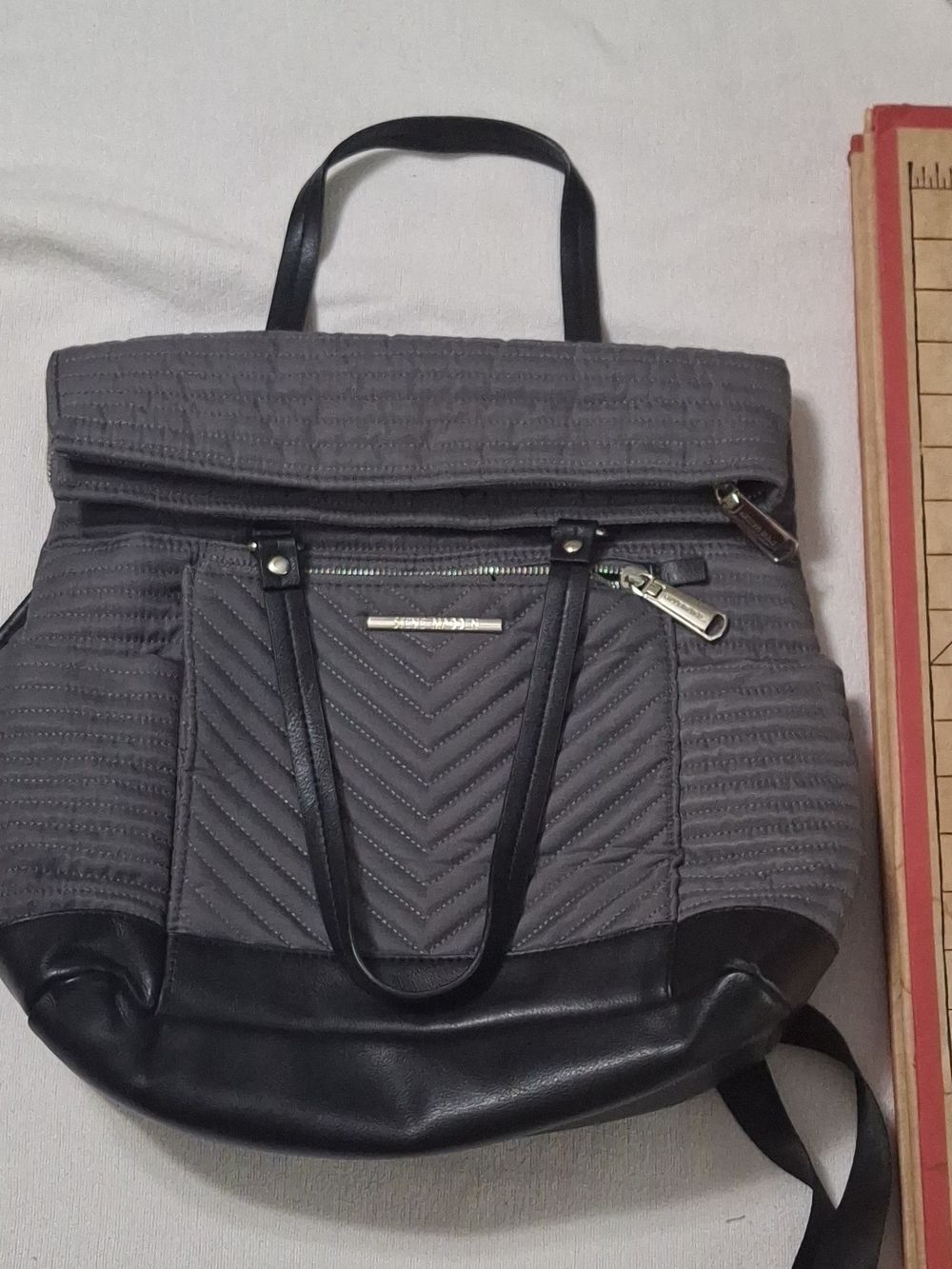 Steve Madden Gray Quilted Backpack Tote with Black Trim